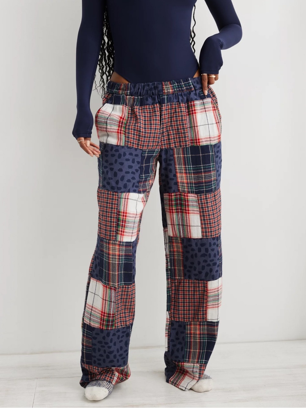 aerie AEO Patchwork Skater Plaid Pajama Pants Navy Blue, Red & White